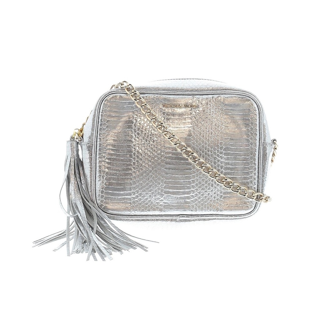 Victoria's Secret Metallic Silver Snakeskin Camera Bag Chain Tassel Gold Party